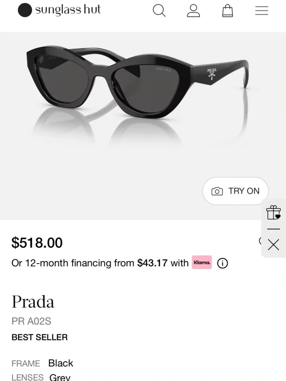 Prada Women's Black Cat-Eye Sunglasses